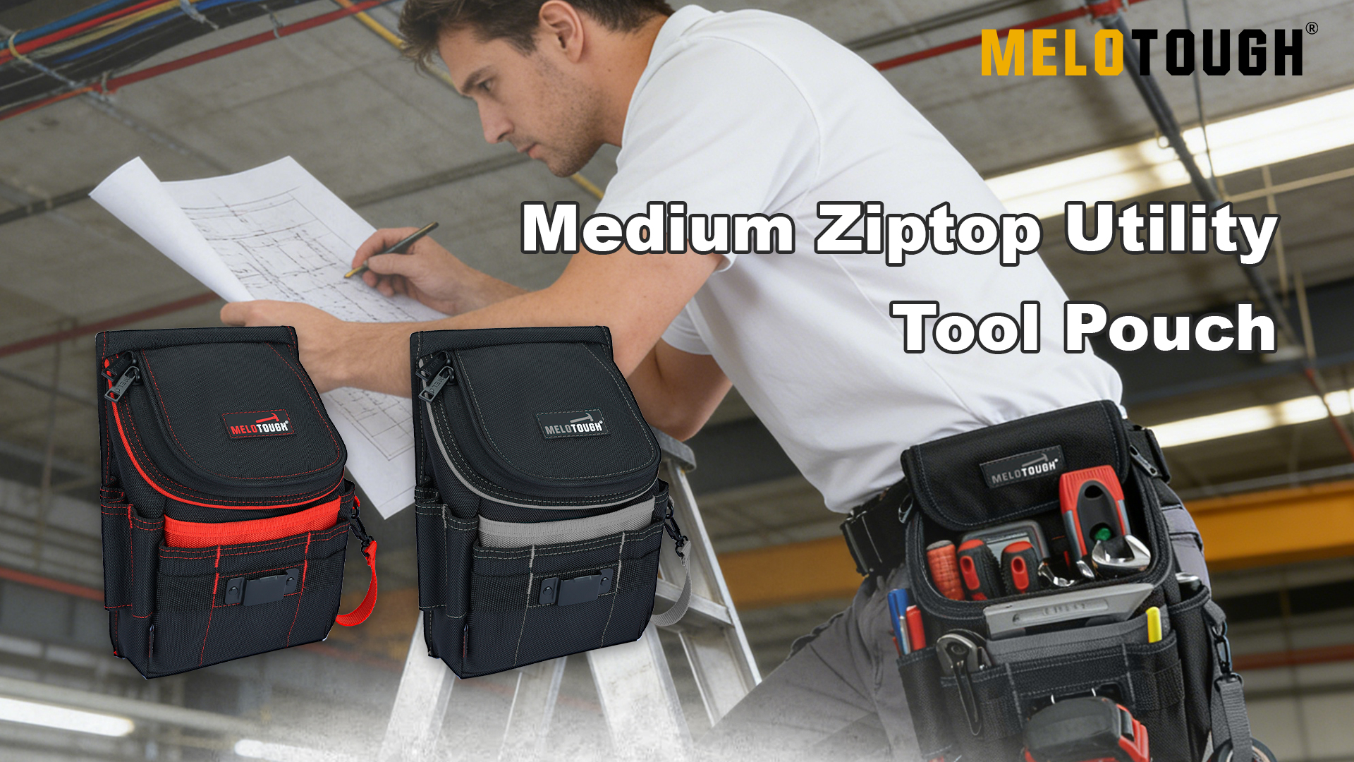 MELOTOUGH Medium Ziptop Tool Pouch with Belt Clip,16-Pocket Heavy